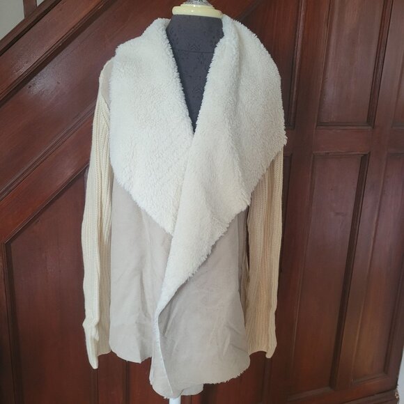 One World Oversized Beige Open Front Cardigan Faux Suede Sherpa Lining NWT L - Picture 1 of 8